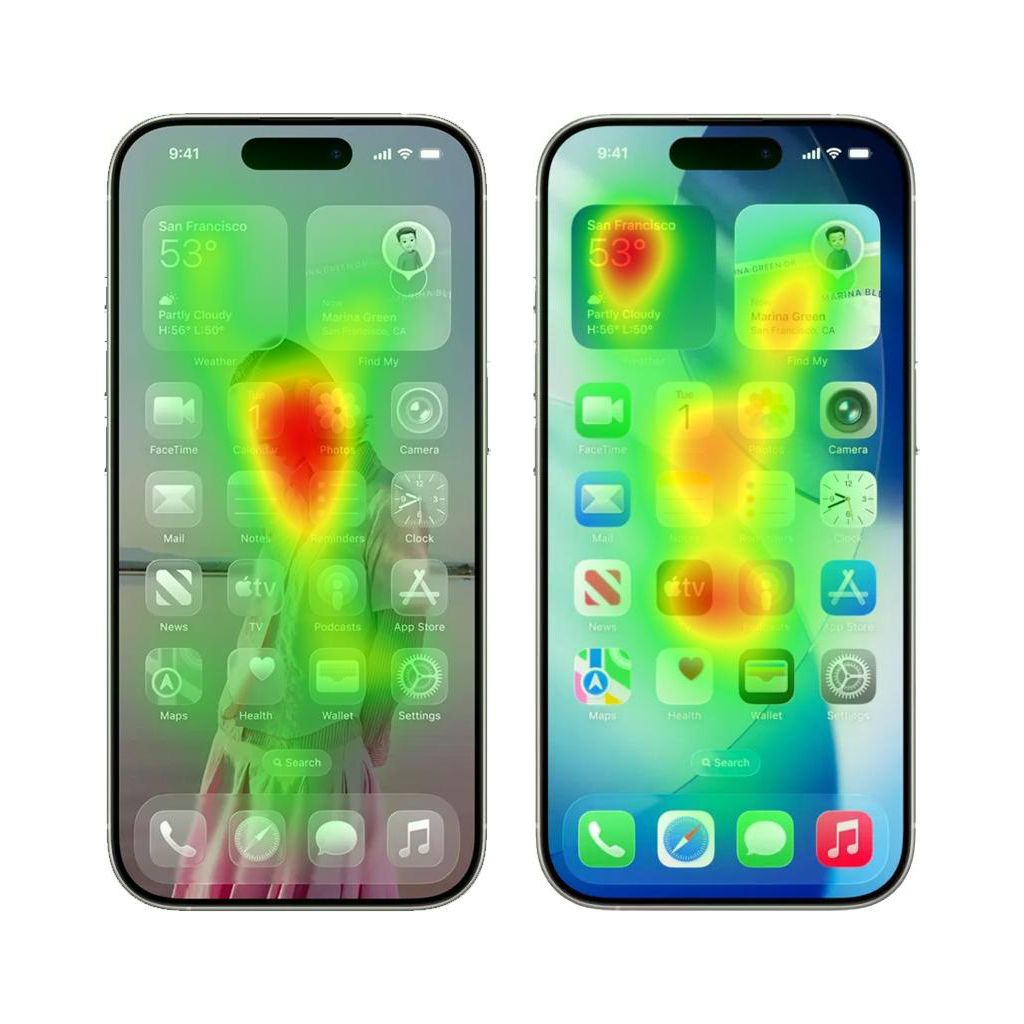 닐슨 노먼 그룹은 리퀴드 글래스 적용 시 위젯들에 시선이 제대로 집중되지 못하고, 오히려 배경에 시선이 쏠린다며 문제를 지적했다(자료=NNgroup)