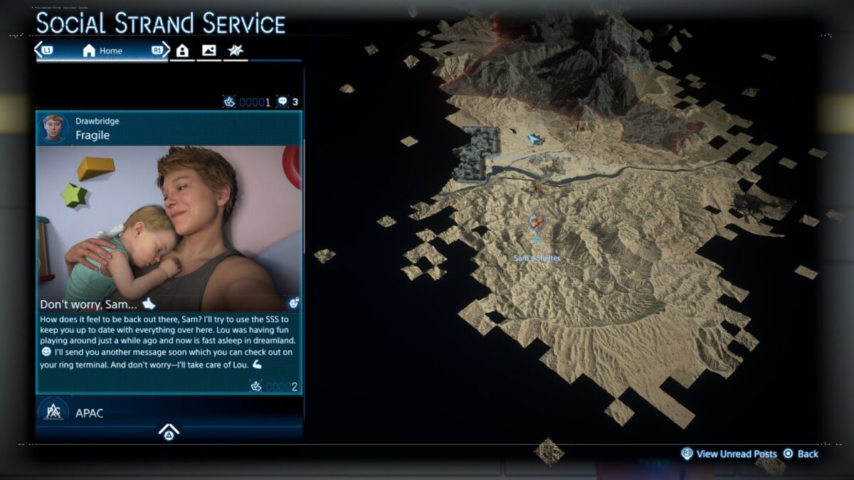 <데스 스트랜딩2 온 더 비치>는 소셜 스트랜드 시스템을 더욱 발전시켜 SNS 콘셉트 기능을 더해냈다(자료=소니인터랙티브엔터테인먼트)