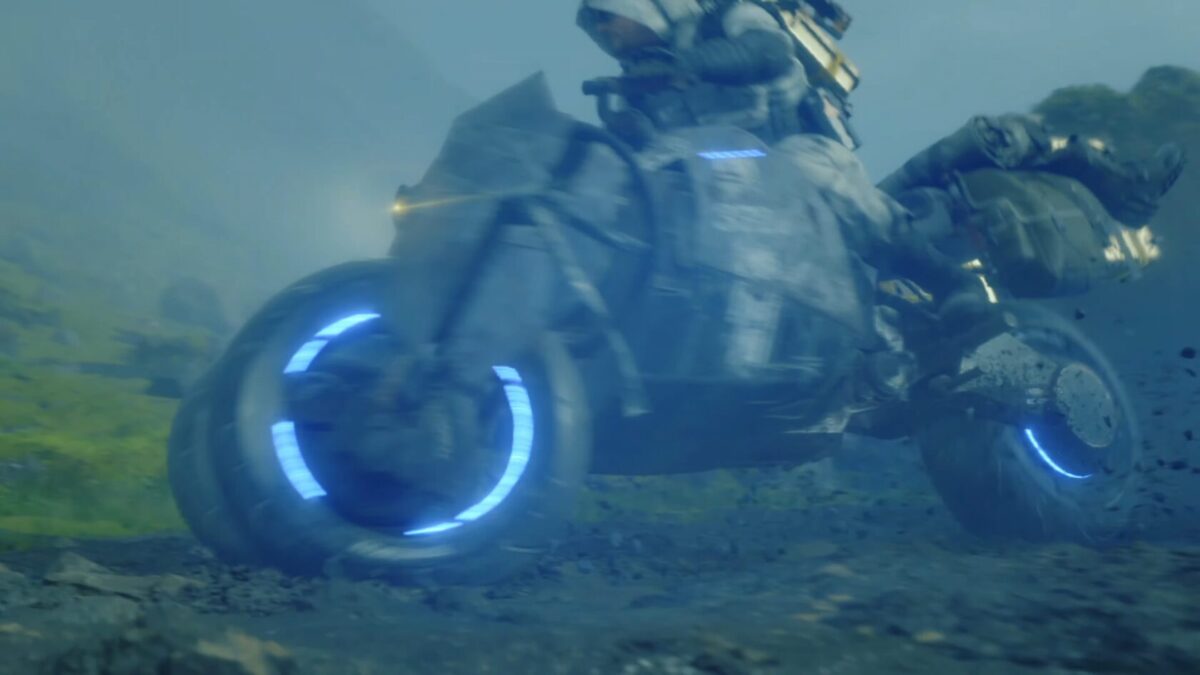 데스 스트랜딩 게임은 게임 시작 인트로부터 탑승물인 리버스 트라이크를 보여주지만, 이내 부셔지는 모습을 보여주고, 게임 초중반부에 다시 사용할 수 있게 한다(자료=소니인터랙티브엔터테인먼트)