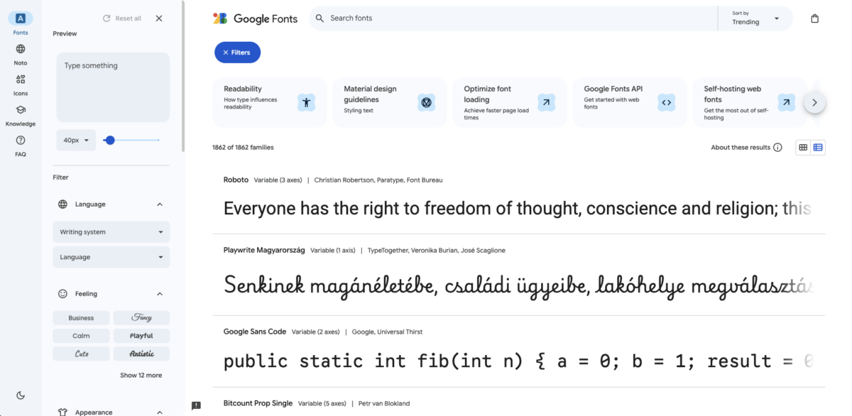 구글 폰트(Google Fonts) 메인 페이지