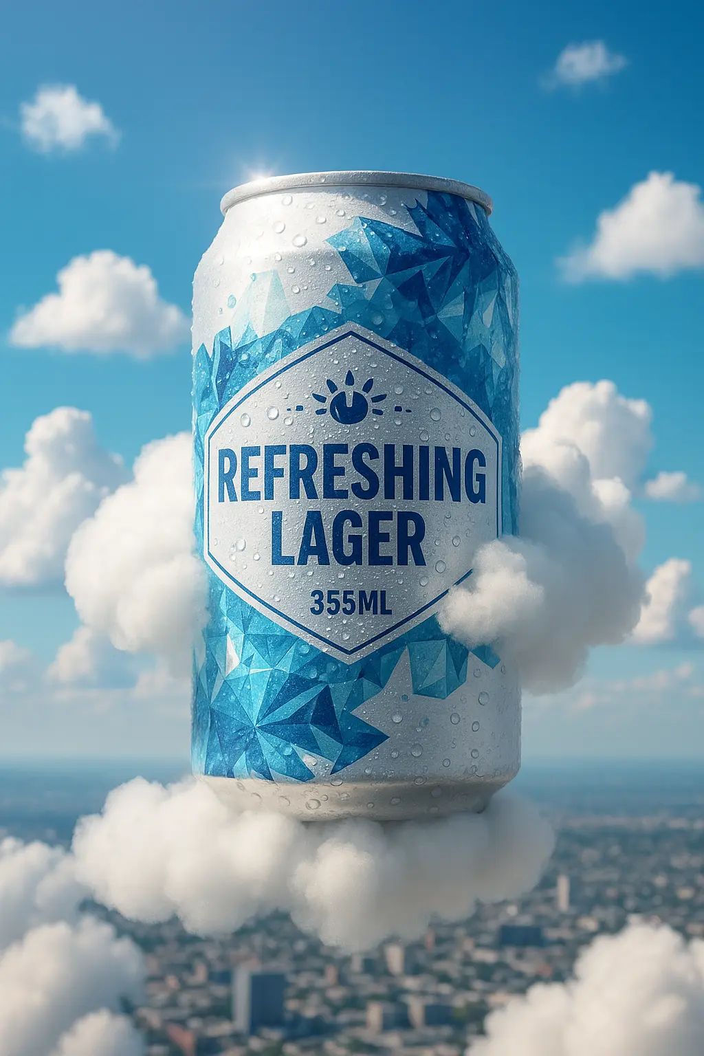 사용 프롬프트: 파란 하늘과 솜사탕 같은 구름, 역광을 받으며 서리와 물방울이 맺힌 캔이 청량함을 강조. 광고 느낌의 3D 초현실 렌더링.