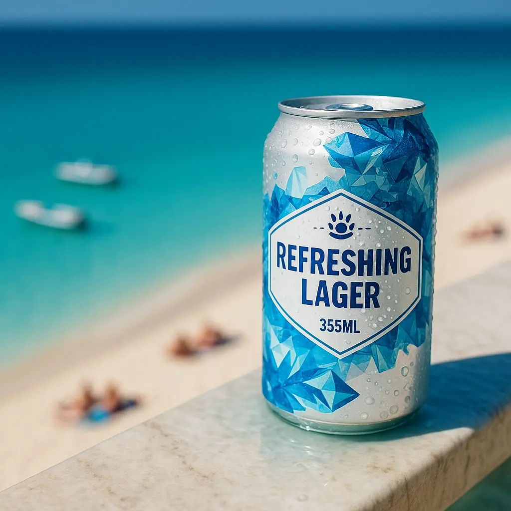 사용 프롬프트: 맥주캔이 물방울이 맺힌 채 대리석 난간 위에 놓여 있음. 에메랄드빛 바다와 백사장을 내려다보는 탑뷰, 틸트 쉬프트 구도, 얕은 심도와 강한 대비의 광고풍 사진.