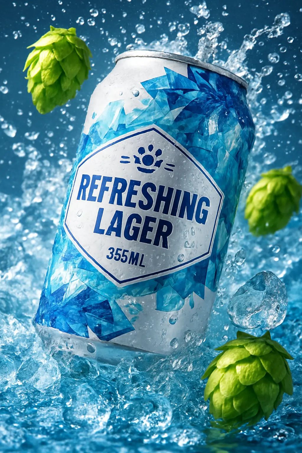 사용 프롬프트: 맥주캔을 클로즈업한 초고해상도 매크로 컷. 홉열매와 아이스가 함께 떠오르고, 대각선 구도와 선명한 자연광, 블루톤 색감으로 청량함과 생동감을 강조.