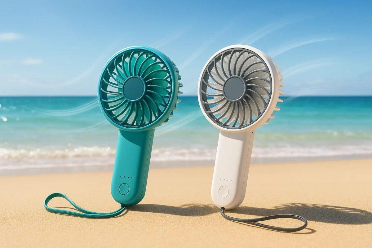 사용 프롬프트: 모래 위 사선 배치된 컬러 선풍기 2대, 뒤엔 바다·하늘·바람을 형상화한 라이트 스트릭. 강한 태양광, 선명한 반사광과 재질 표현의 8K 포토리얼 컷. 활기차고 상쾌한 분위기.