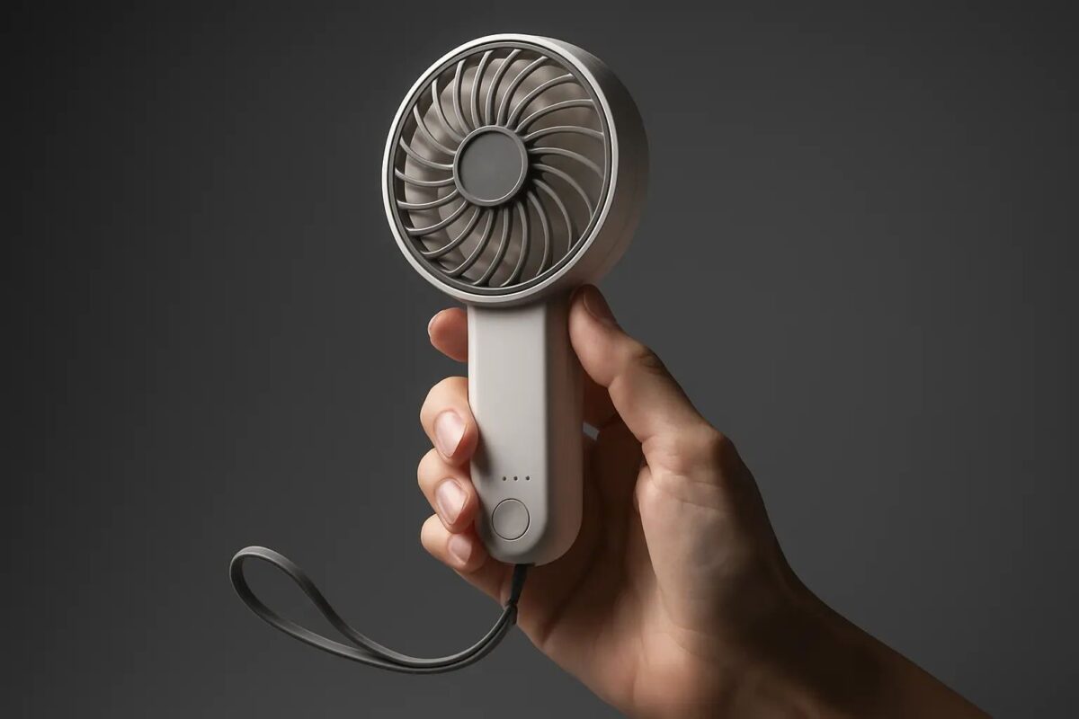 사용 프롬프트: 세련된 스튜디오 제품 샷. 로우앵글 클로즈업, 정돈된 손톱의 성인 손이 전기 핸디 선풍기를 들고 있음. 극적인 스포트라이트와 부드러운 림라이트, 차분한 회색 그라데이션 배경.