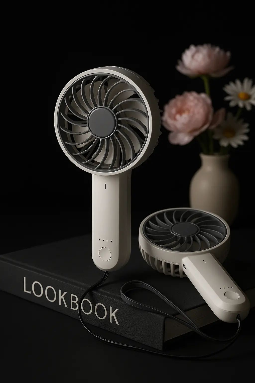 사용 프롬프트: 미니멀한 상업용 제품 사진. 블랙 배경에 로우키 조명, LOOKBOOK 책 위에 세워진 휴대용 선풍기와 대각선으로 눕힌 컷. 크롬 포인트, 뒤에는 살짝 흐릿한 아이보리 화병과 분홍 작약·흰 데이지. 100mm 매크로 렌즈, 고해상도, 3:4 비율.