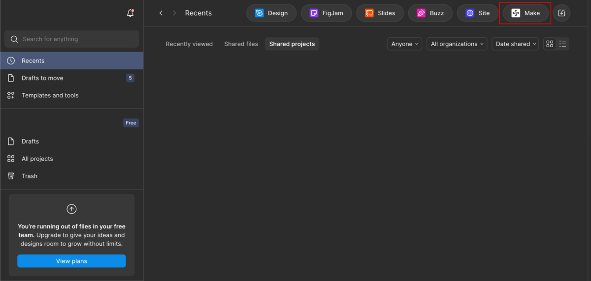 피그마 홈에서 접근 가능한 피그마 메이크 탭