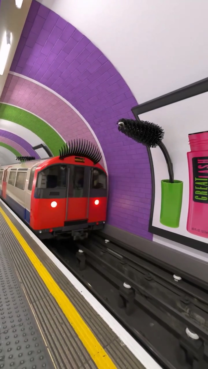 속눈썹을 붙인 지하철이 대형 마스카라를 지나치는 FOOH 광고