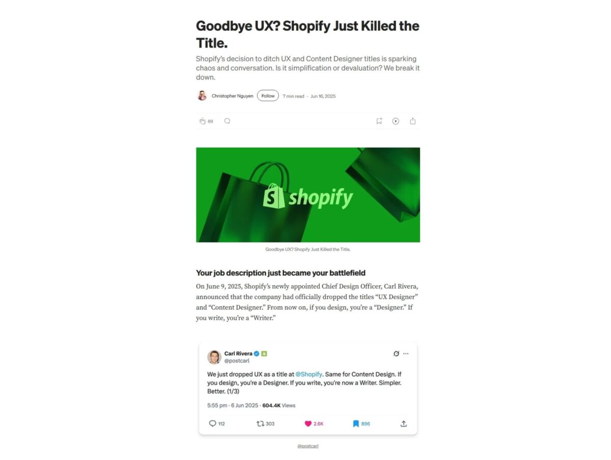 지난 6월 스포티파이 CDO의 UX 디자이너/콘텐츠 디자이너 직함 폐지 발표는 국내외에서 큰 주목을 받았다(자료=미디엄)